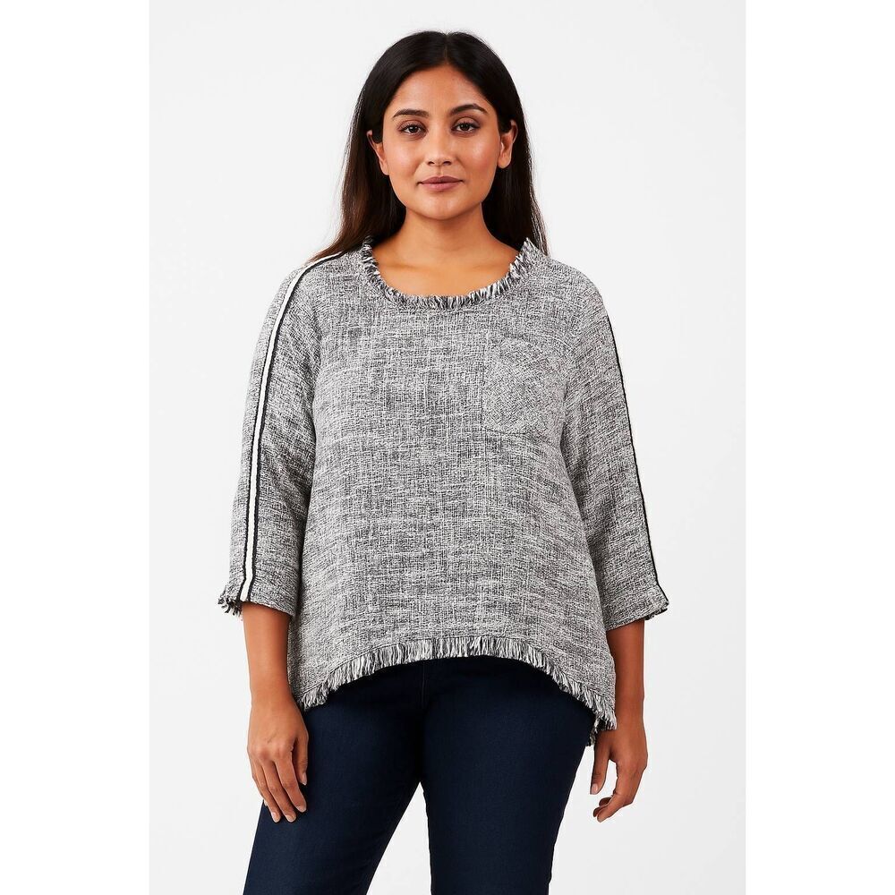 Hot and Delicious Women's Large Black White Tweed Fringe 3/4 Sleeve Blouse Top